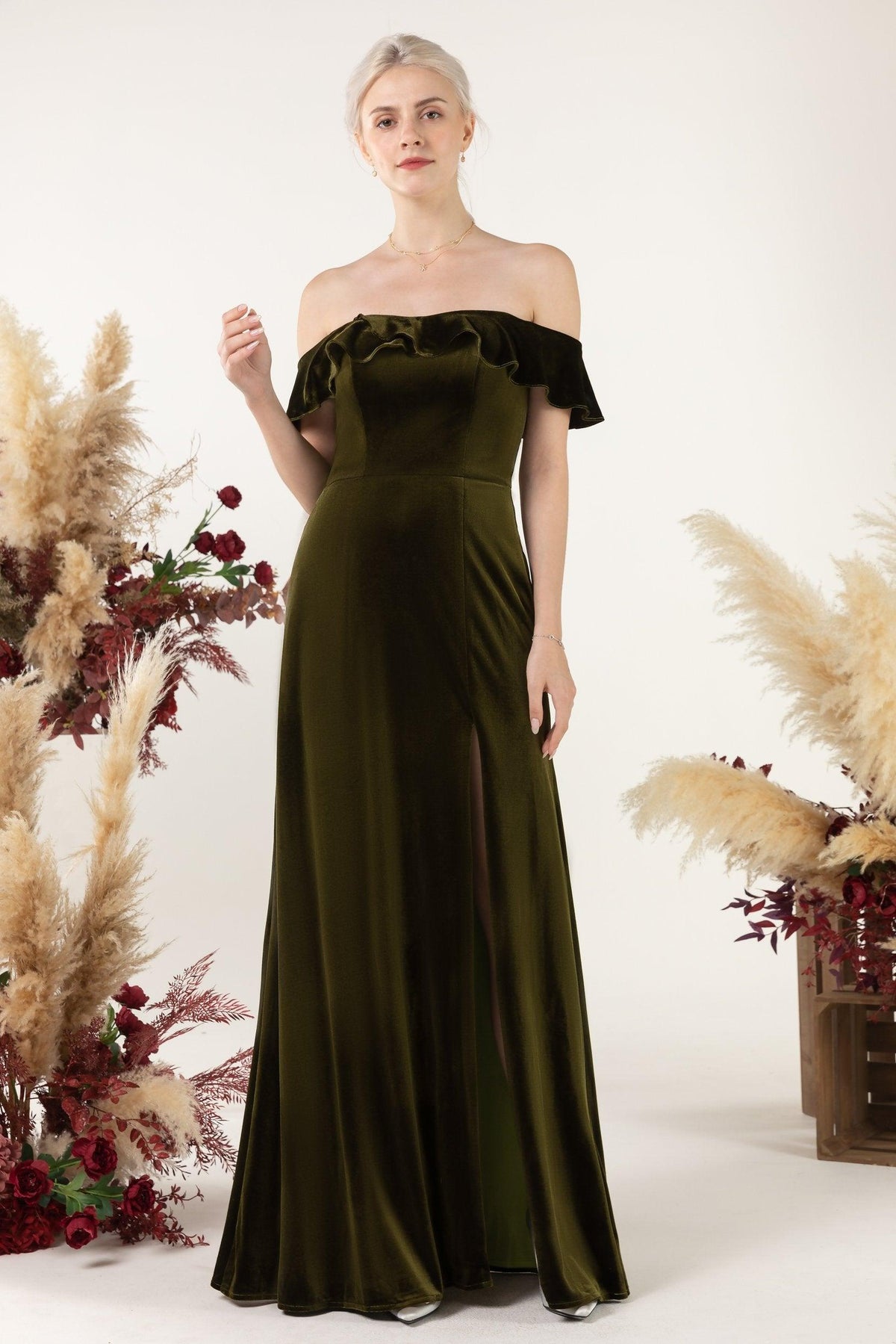 Sheath-Column Floor Length Velvet Bridesmaid Dress Formal Dresses CB0522 - COCOMELODY