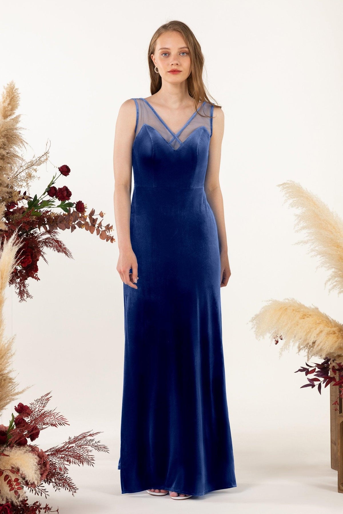 Sheath-Column Floor Length Velvet Bridesmaid Dress Formal Dresses CB0532 - COCOMELODY