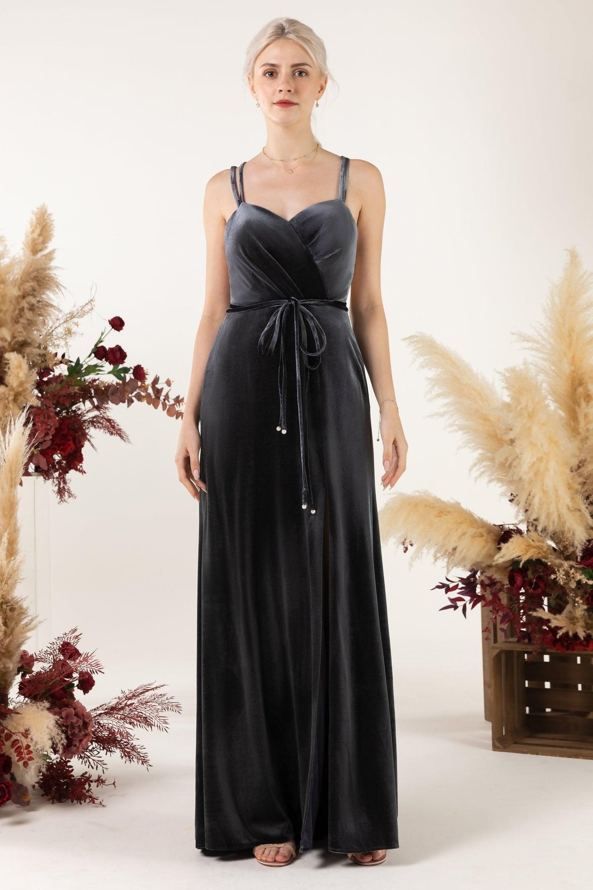 Sheath Sweep-Brush Train Velvet Bridesmaid Dress Formal Dresses CB0533 - COCOMELODY
