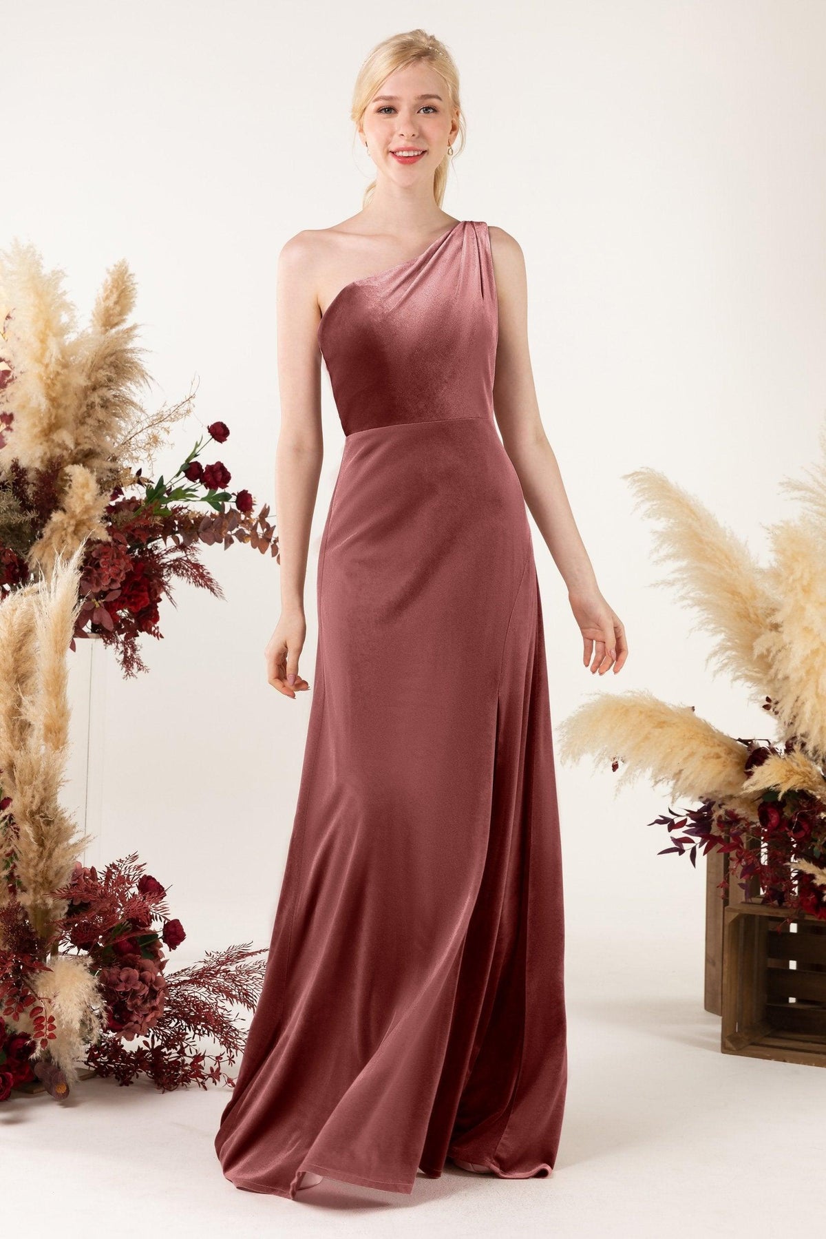Sheath Sweep-Brush Train Velvet Bridesmaid Dress Formal Dresses CB0537PS - COCOMELODY