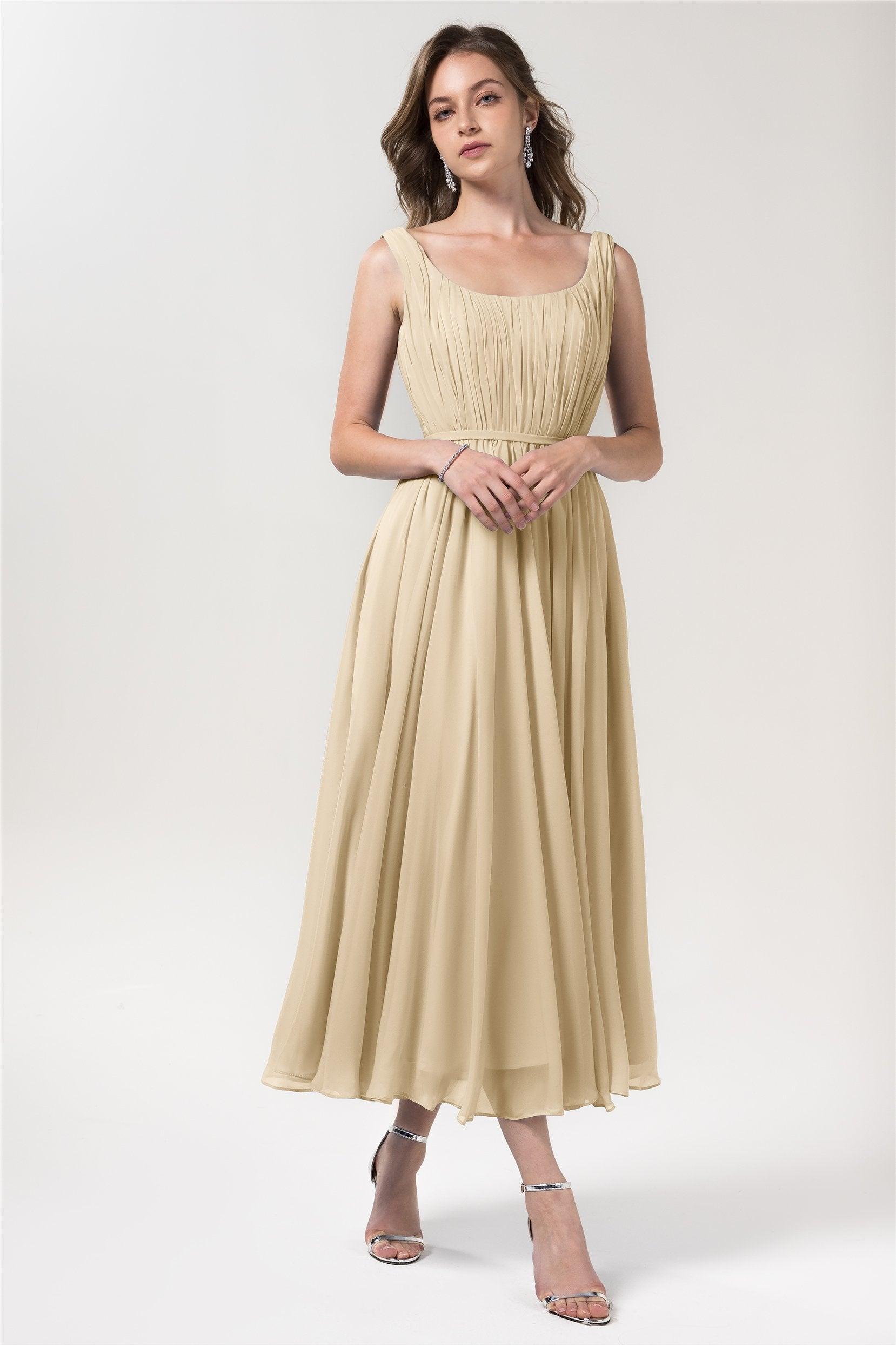 A-Line Tea Length Chiffon Bridesmaid Dress CB0555PS - COCOMELODY