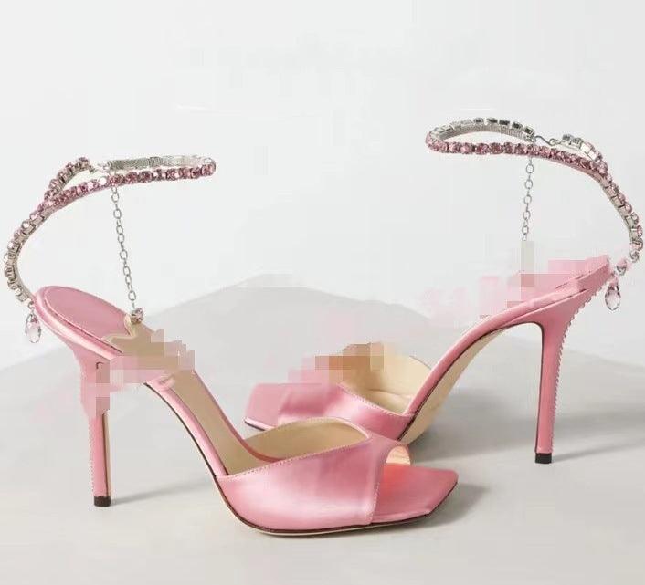 Glitter and Rhinestone Ankle Strap Square Stiletto Heels 695399992506 - COCOMELODY