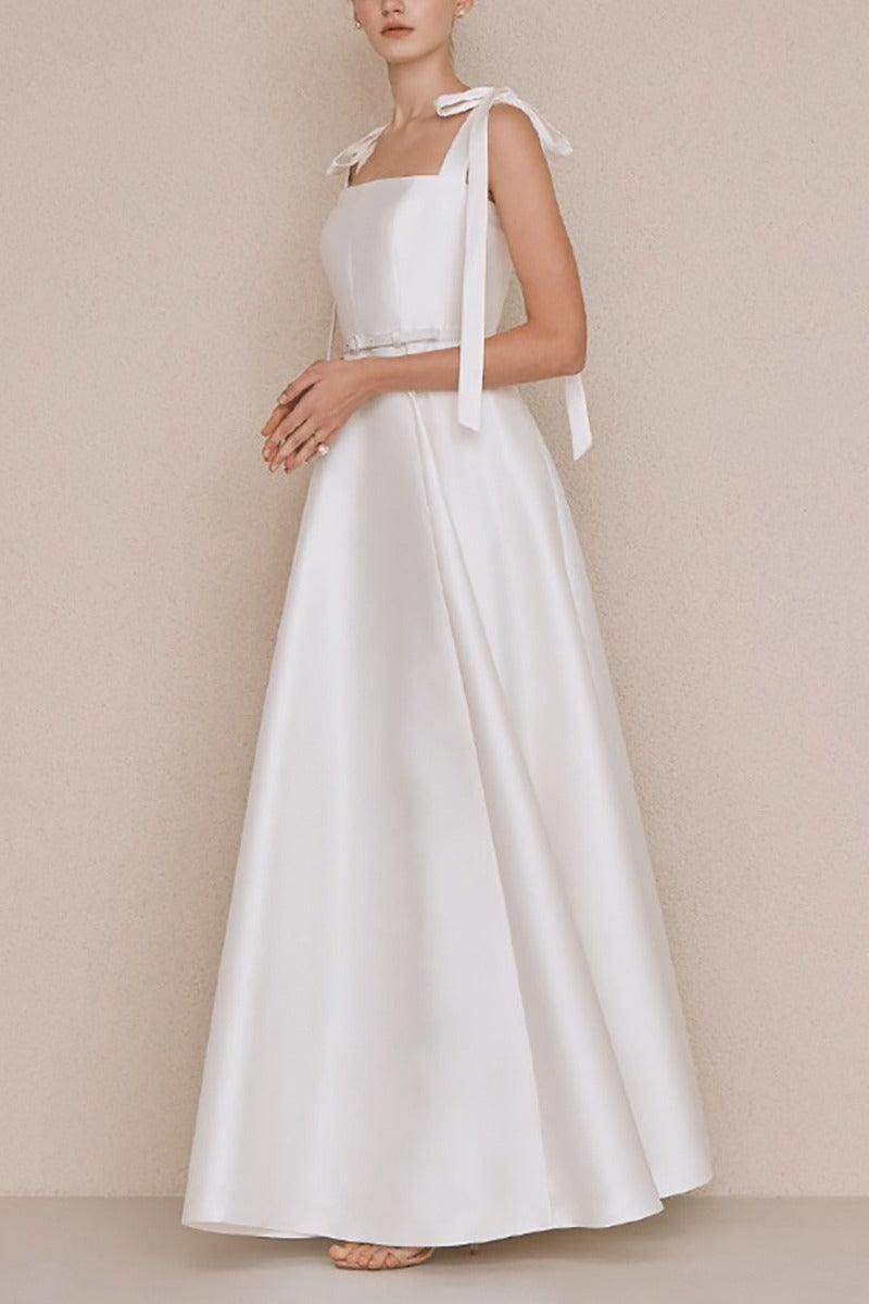 A-Line Floor Length Satin Wedding Dress 742347951746 - COCOMELODY