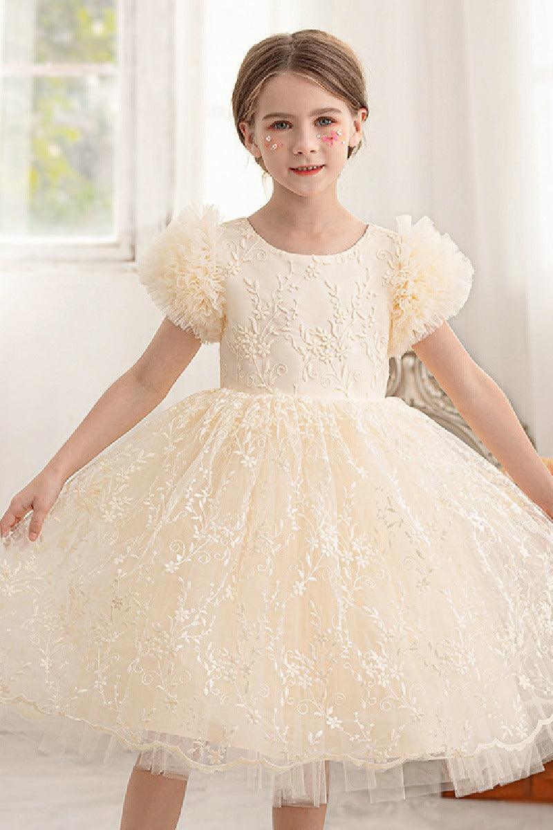 A-line/Princess Scoop Neck Knee-Length Lace Flower Girl Dress With Bowknot 769937282891 - COCOMELODY