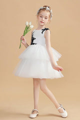 Ball Gown/Princess Scoop Neck Mini Lace Tulle Flower Girl Dress With Appliqued Lace 760504883601 - COCOMELODY