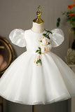 A-Line Scoop Neck Puff Sleeves Midi Organza/Tulle Flower Girl Dresses 710126398367 - COCOMELODY