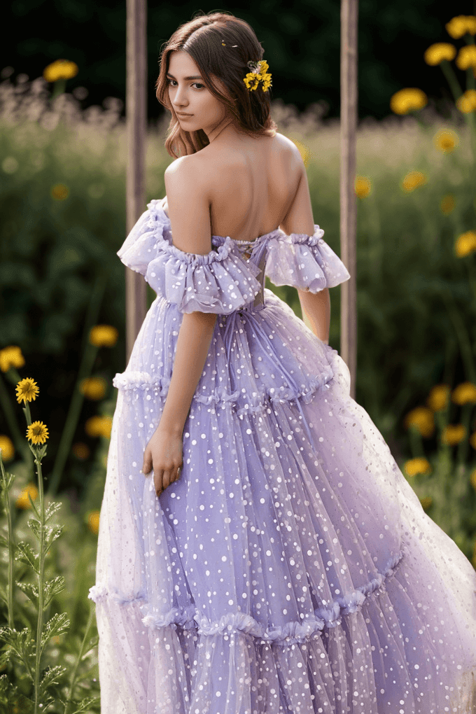 A-Line Floor Length Dot Tulle Prom Dress CS0473 - COCOMELODY