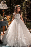 Ball Gown Illusion Neck Cap Sleeve Tulle Court Train Flower Girl Dresses 616972096505