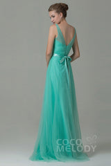 Sheath-Column Floor Length Tulle Bridesmaid Dress COZF1500F - COCOMELODY