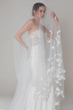 One-tier Cut Edge Tulle Cathedral Veils with Flower Beading CV0284 - COCOMELODY