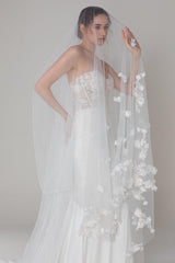 One-tier Cut Edge Tulle Cathedral Veils with Flower Beading CV0284 - COCOMELODY