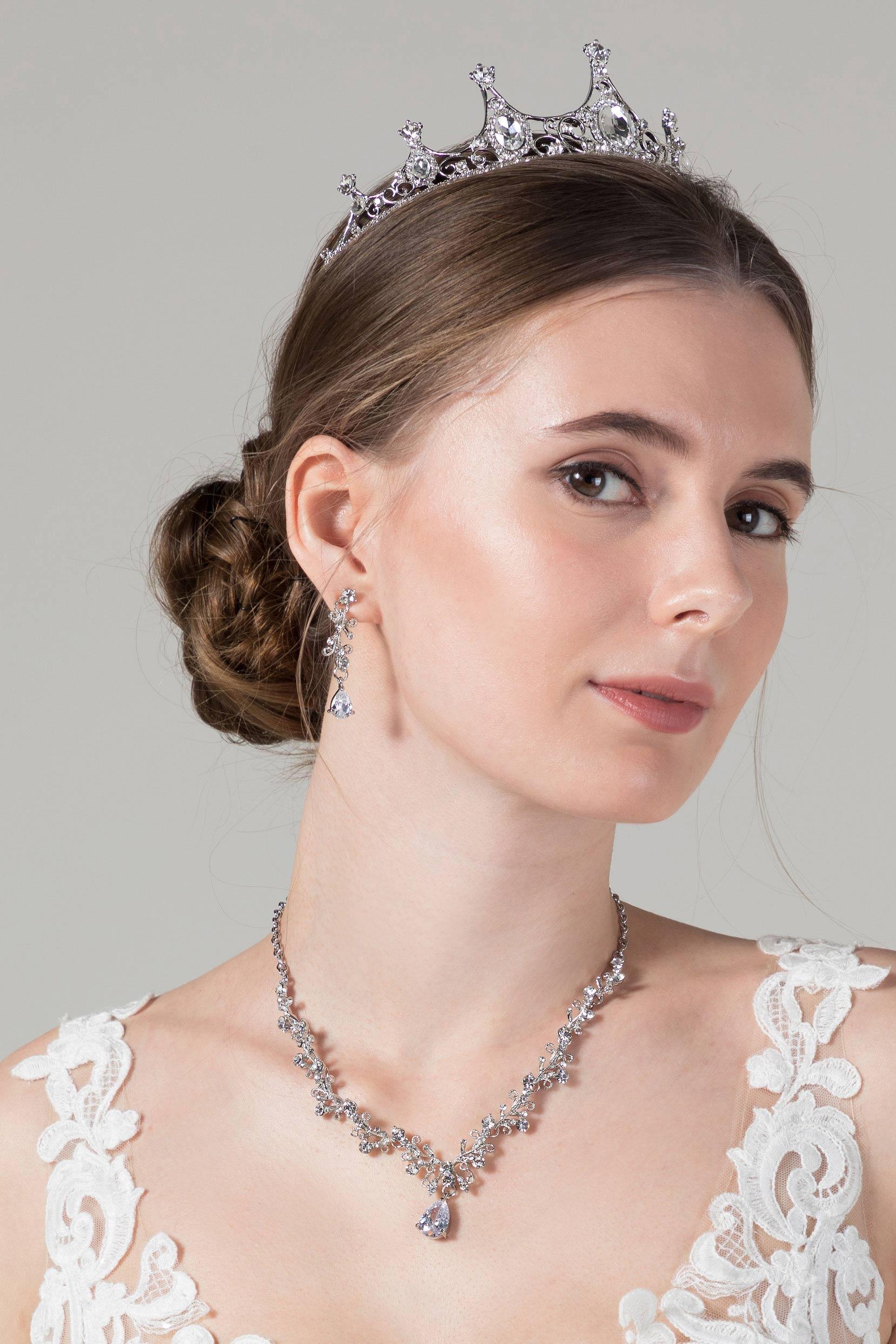 Crystals Rhinestone Tiara Necklace Earrings Jewelry CY0064 - COCOMELODY