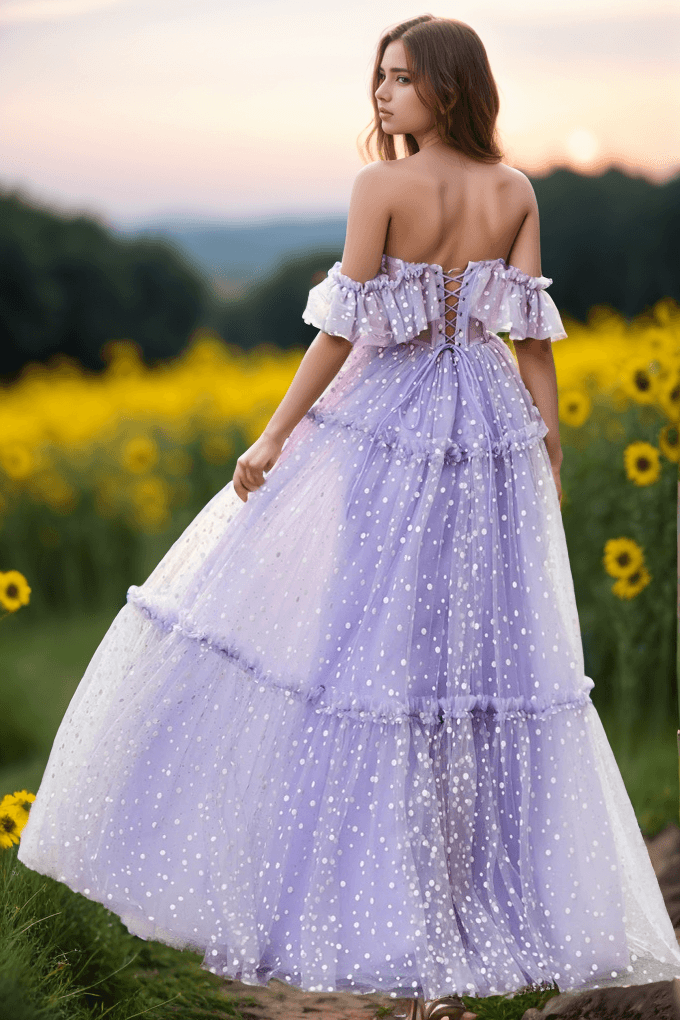 A-Line Floor Length Dot Tulle Prom Dress CS0473 - COCOMELODY