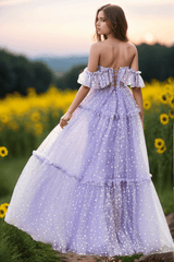 A-Line Floor Length Dot Tulle Prom Dress CS0473 - COCOMELODY