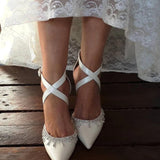 Pointed Toe Dress Flats Crisscross Ankle Strap Crystal Trim Shoes 857237211514