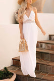 A-Line Floor Length Lace Chiffon Little White Dress 100026 - COCOMELODY