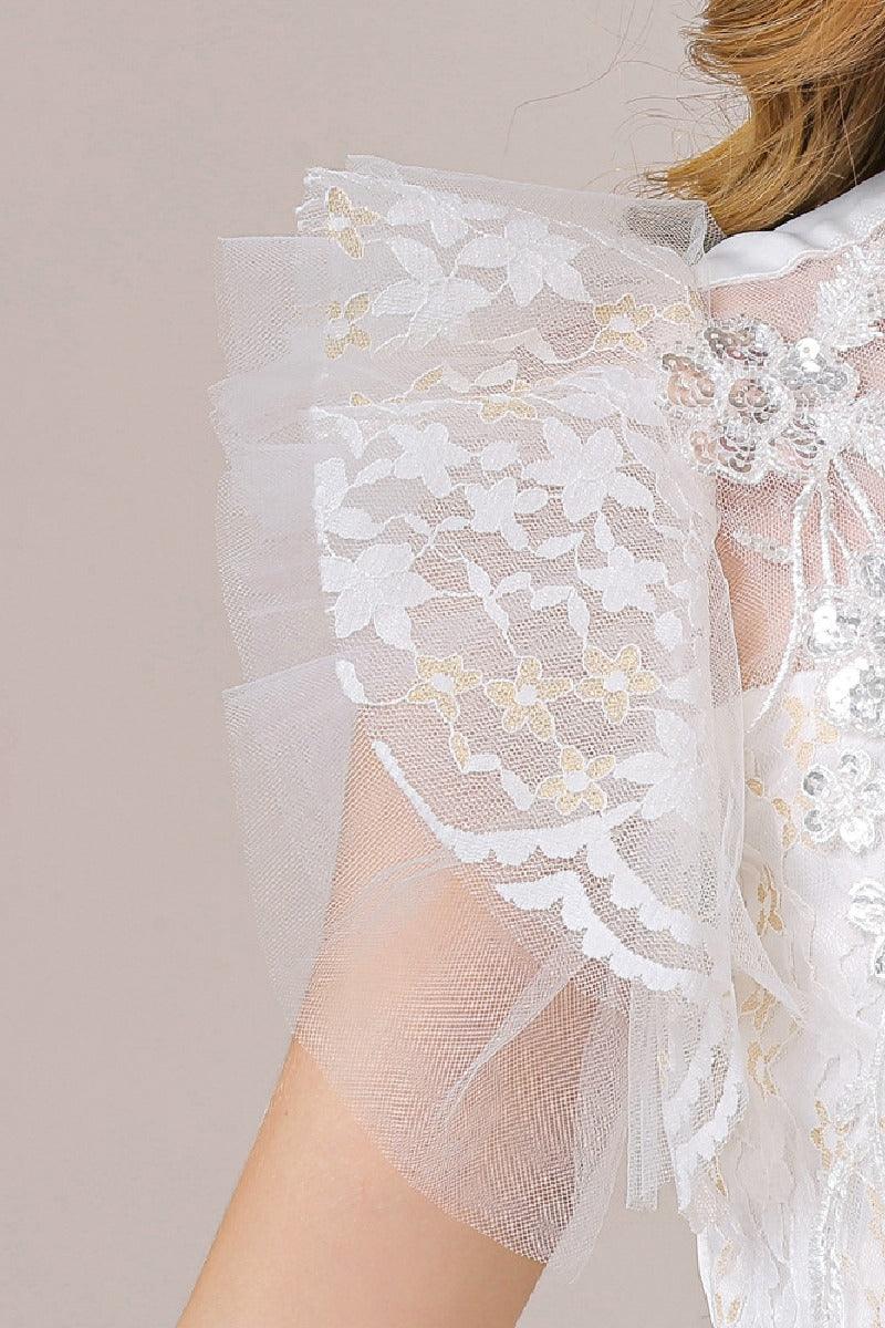 A-Line Illusion Neck Short Sleeves Midi Lace Flower Girl Dresses 749518906079 - COCOMELODY