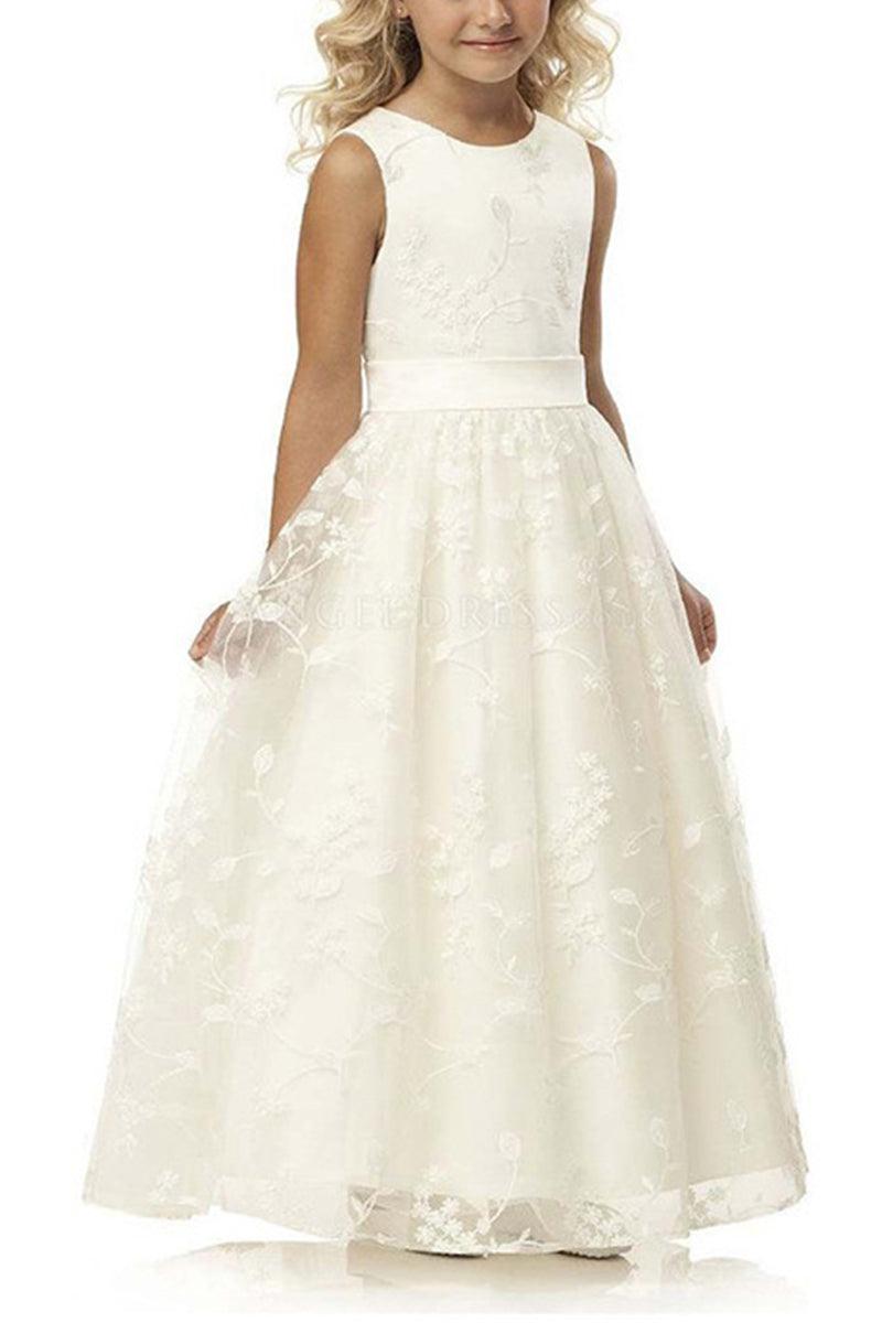 A-Line Illusion Neck Tulle Maxi Flower Girl Dresses 850572630797 - COCOMELODY