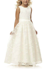 A-Line Illusion Neck Tulle Maxi Flower Girl Dresses 850572630797 - COCOMELODY