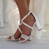 Open Toe Sandals with Pearl Detail Crossover Ankle Strap Elegant Shoes 709414855512