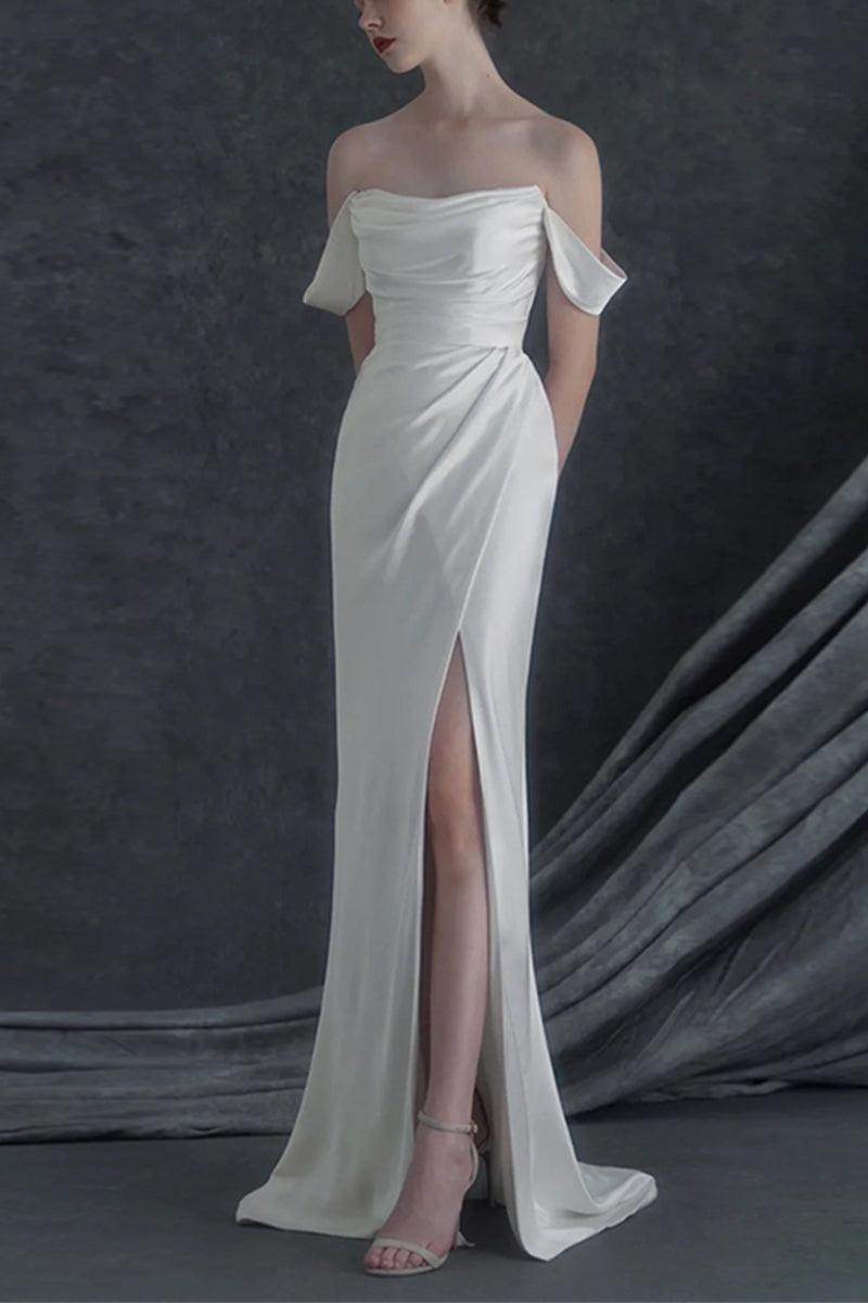 Sheath-Column Sweep-Brush Train Satin Wedding Dress 683314691959 - COCOMELODY