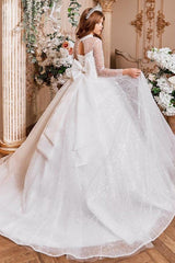 A-Line Illusion Neck Long Sleeve Sparkle Tulle Court Train Flower Girl Dresses 819459140664 - COCOMELODY