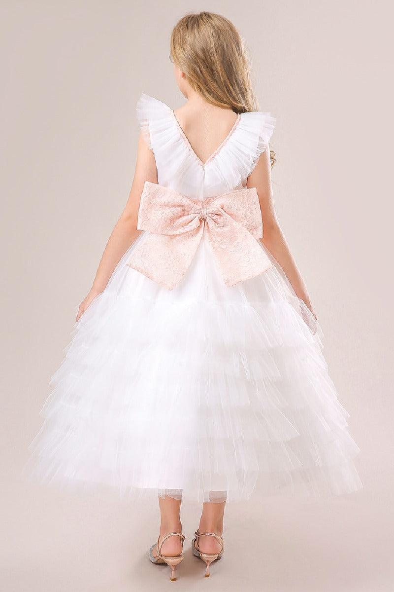 A-line/Princess V Neck Ankle Length Tulle Flower Girl Dress 749446713431 - COCOMELODY