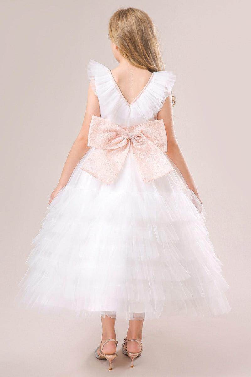 A-line/Princess V Neck Ankle Length Tulle Flower Girl Dress 749446713431 - COCOMELODY