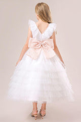 A-line/Princess V Neck Ankle Length Tulle Flower Girl Dress 749446713431 - COCOMELODY