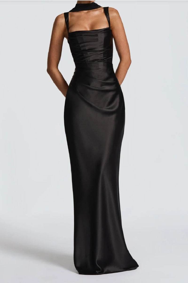Elegant Sheath-Column Maxi Satin Wedding Guest Dress Pleated Square Neck Formal Evening Dresses COCOMELODY 971343877638