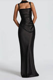 Elegant Sheath-Column Maxi Satin Wedding Guest Dress Pleated Square Neck Formal Evening Dresses COCOMELODY 971343877638