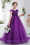 A-Line Round Neck Flutter Cap Sleeve Lace Applique Tulle Floor Length Flower Girl Dresses 1031527052172