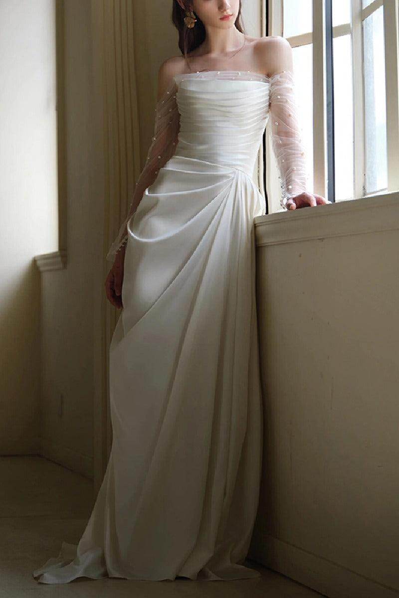 A-Line Sweep-Brush Train Satin Wedding Dress 837164627811 - COCOMELODY