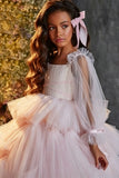 A-Line Long Sleeves Tiered Ruffled Tulle Flower Girl Dresses 688986387192