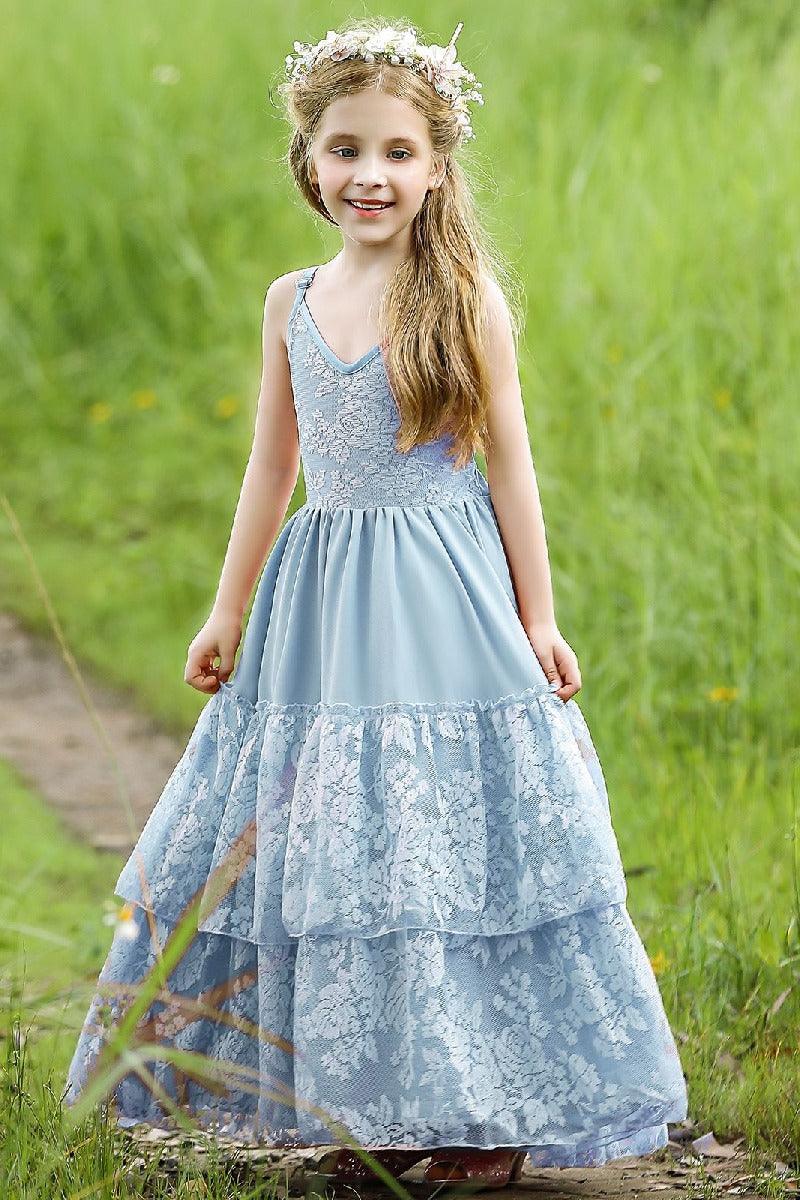 A-Line V-Neck Neckline Sleeveless Maxi Chiffon Flower Girl Dresses 751591439858 - COCOMELODY