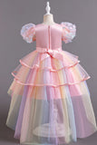 Princess Flower Puff Sleeve Pastel Rainbow High-Low Tulle Flower Girl Dresses 1030166757920