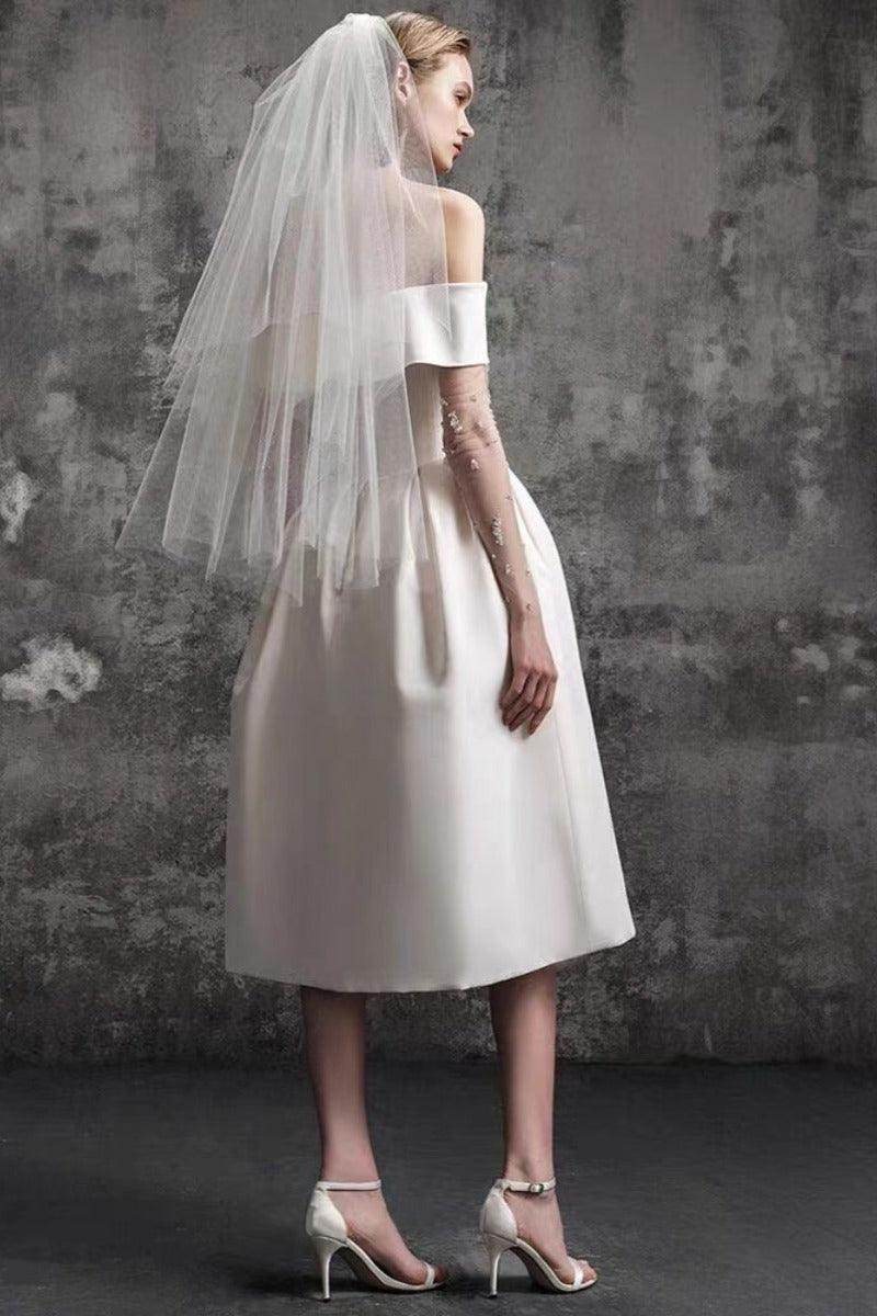 A-Line Tea Length Satin Wedding Dress 796475057645 - COCOMELODY