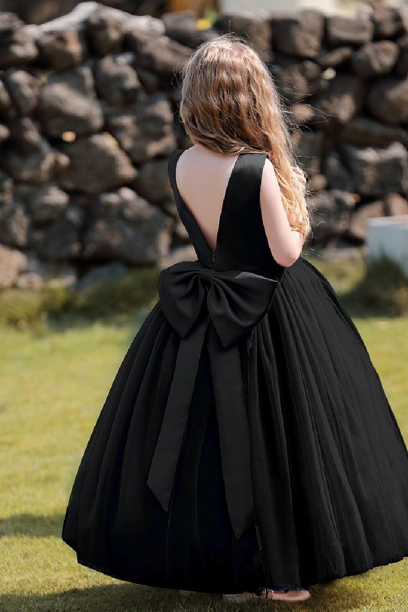 A-Line Scoop Neck Sleeveless Floor-Length Satin/Tulle Flower Girl Dresses With Bow(s) 744500696201 - COCOMELODY