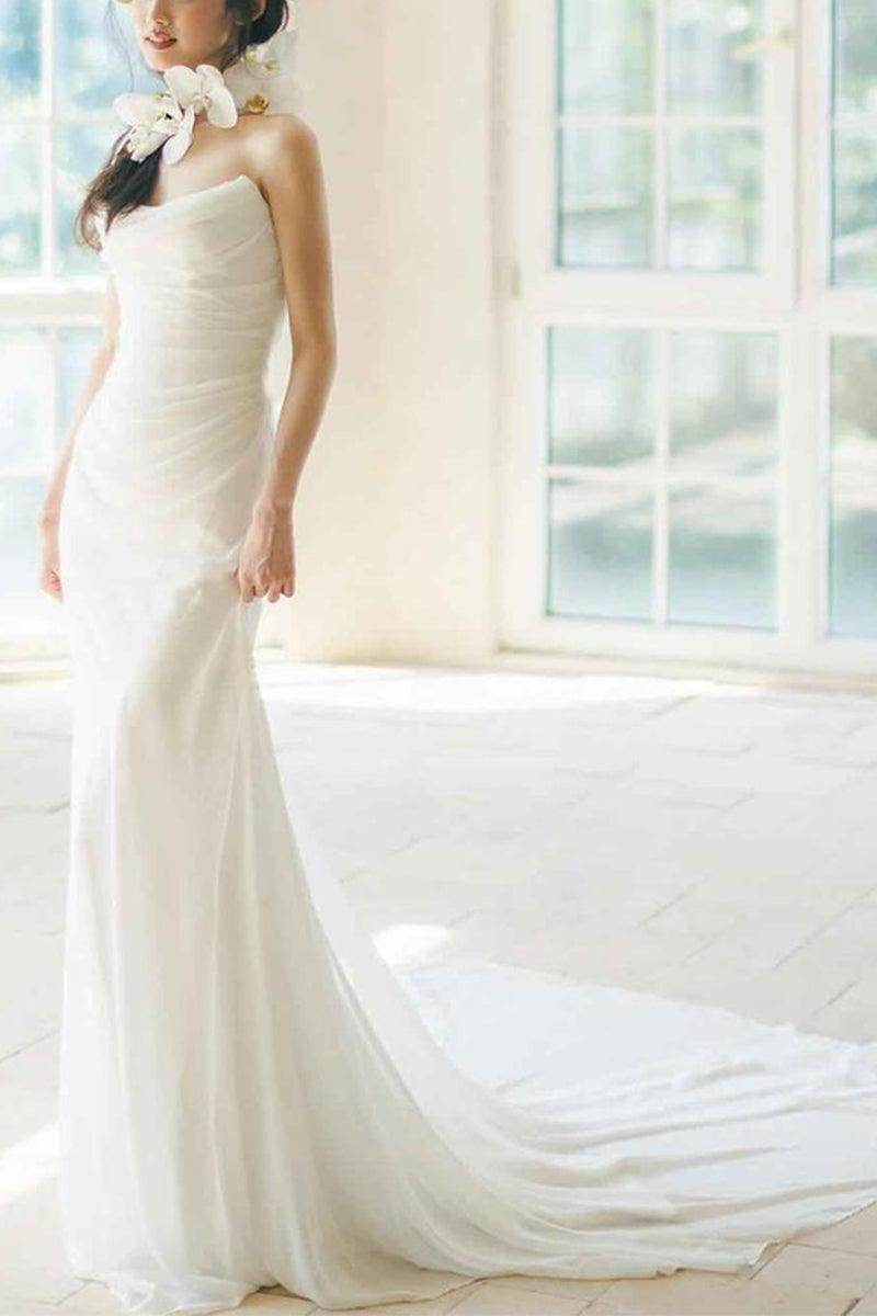 Sheath-Column Chapel Train Forged Chiffon Wedding Dress 830154757527 - COCOMELODY