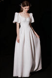 A-Line Floor Length Satin Wedding Dress 676166316331 - COCOMELODY