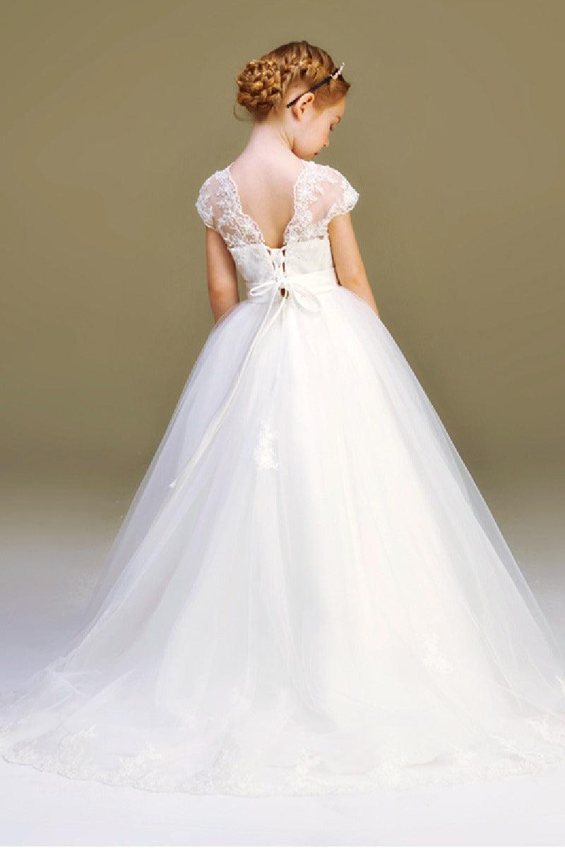 Ball-Gown Illusion Neck Princess Tulle Flower Girl Dresses With Appliques Lace 626723738802 - COCOMELODY