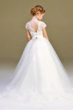 Ball-Gown Illusion Neck Princess Tulle Flower Girl Dresses With Appliques Lace 626723738802 - COCOMELODY