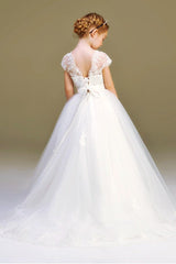 Ball-Gown Illusion Neck Princess Tulle Flower Girl Dresses With Appliques Lace 626723738802 - COCOMELODY