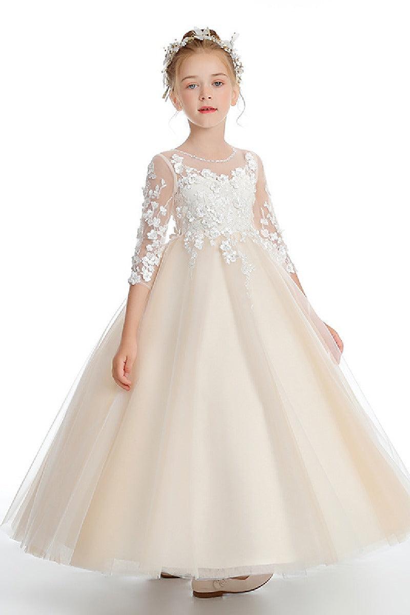 A-Line Lace Tulle Ankle-Length Flower Girl Dresses With Bow 760444365083 - COCOMELODY