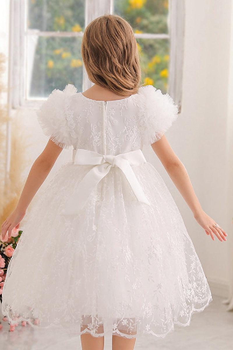 A-line/Princess Scoop Neck Knee-Length Lace Flower Girl Dress With Bowknot 769937282891 - COCOMELODY