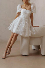 A-Line Short-Mini Lace Organza Little White Dress 100040 - COCOMELODY