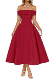 A-Line Midi Satin Formal Wedding Guest Dress Off the Shoulder Elegant Formal Evening Dress COCOMELODY B0DS8NJRR3