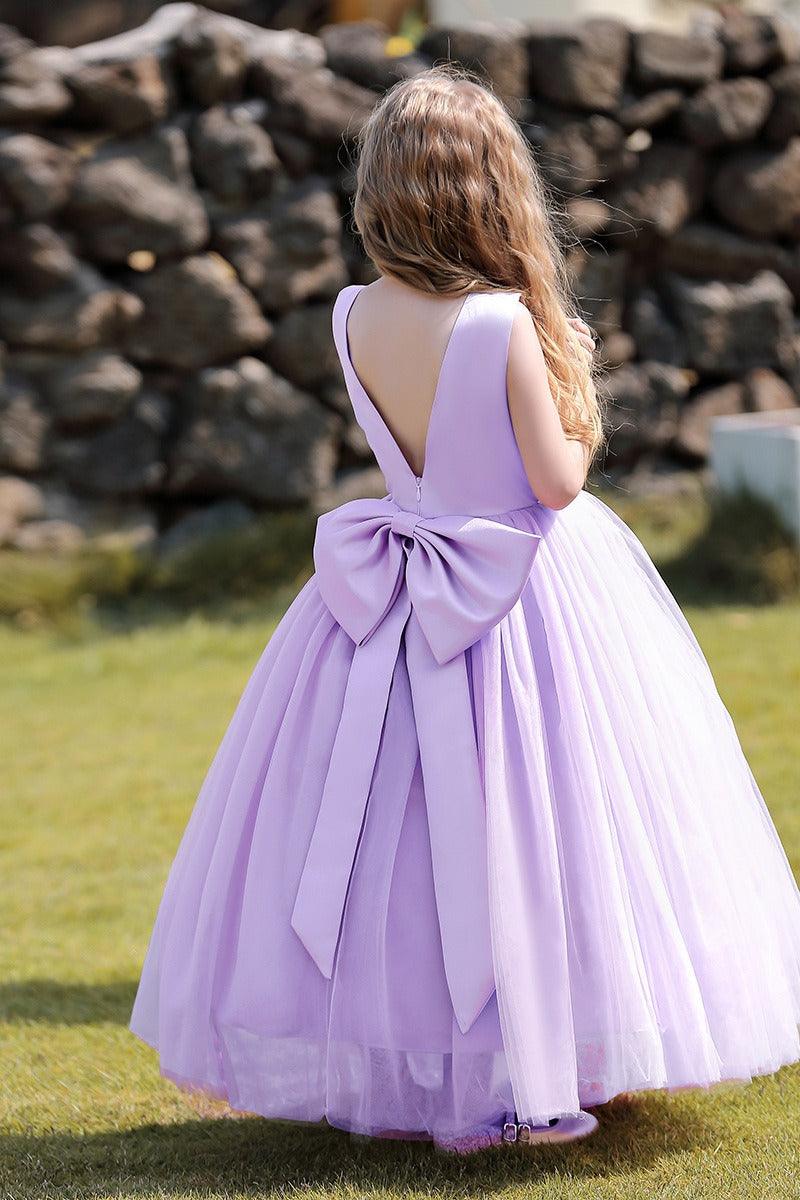 A-Line Scoop Neck Sleeveless Floor-Length Satin/Tulle Flower Girl Dresses With Bow(s) 744500696201 - COCOMELODY