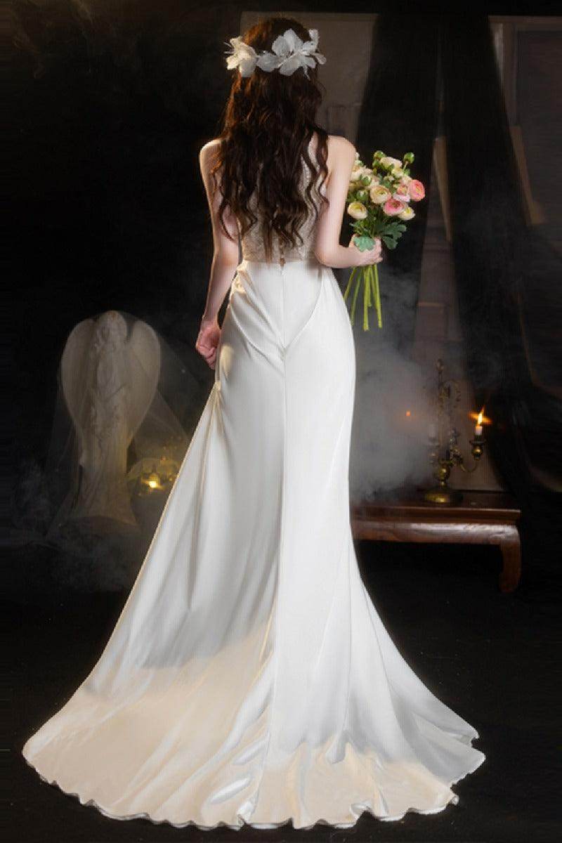 Sheath-Column Chapel Train Lace Satin Wedding Dress 737835089170 - COCOMELODY