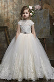 High Neck Cap Sleeve All Lace Bodice Tulle Flower Girl Dresses 654963002609